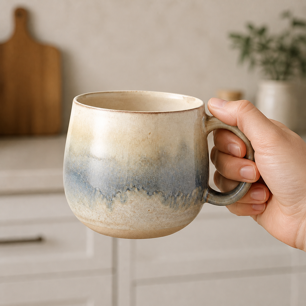 Kiln Ash Grey reactive glaze mug, held in hand for scale
