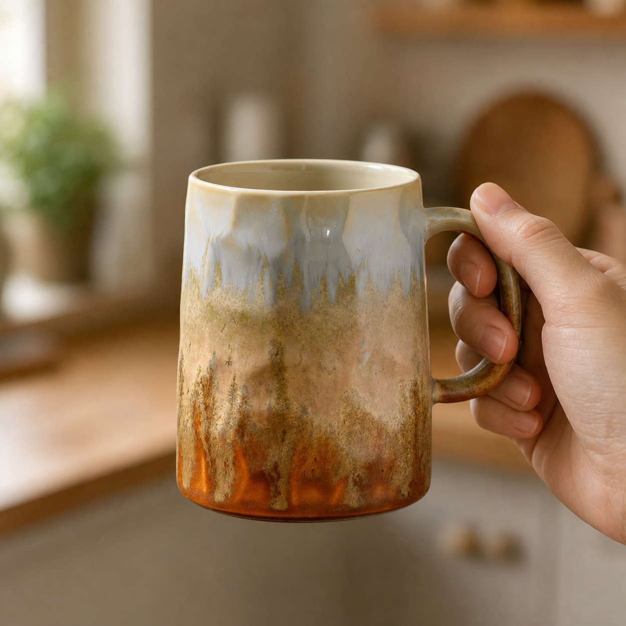 Amber Flow reactive glaze mug, held in hand for scale