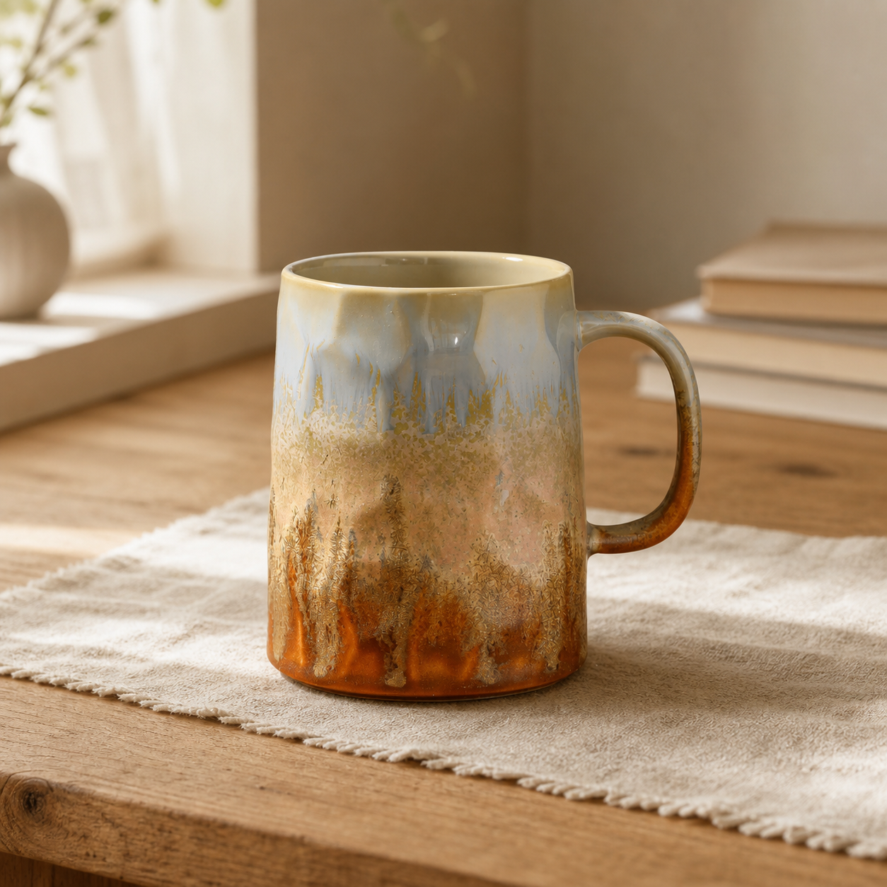 Amber Flow reactive glaze mug, lifestyle scene