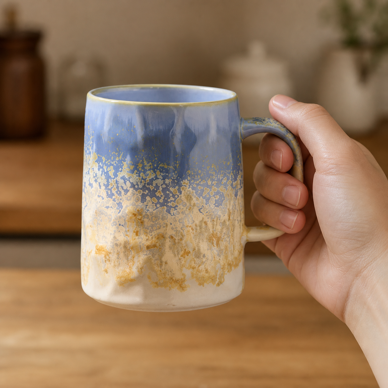 Cloud Peak Blue reactive glaze mug, held in hand for scale