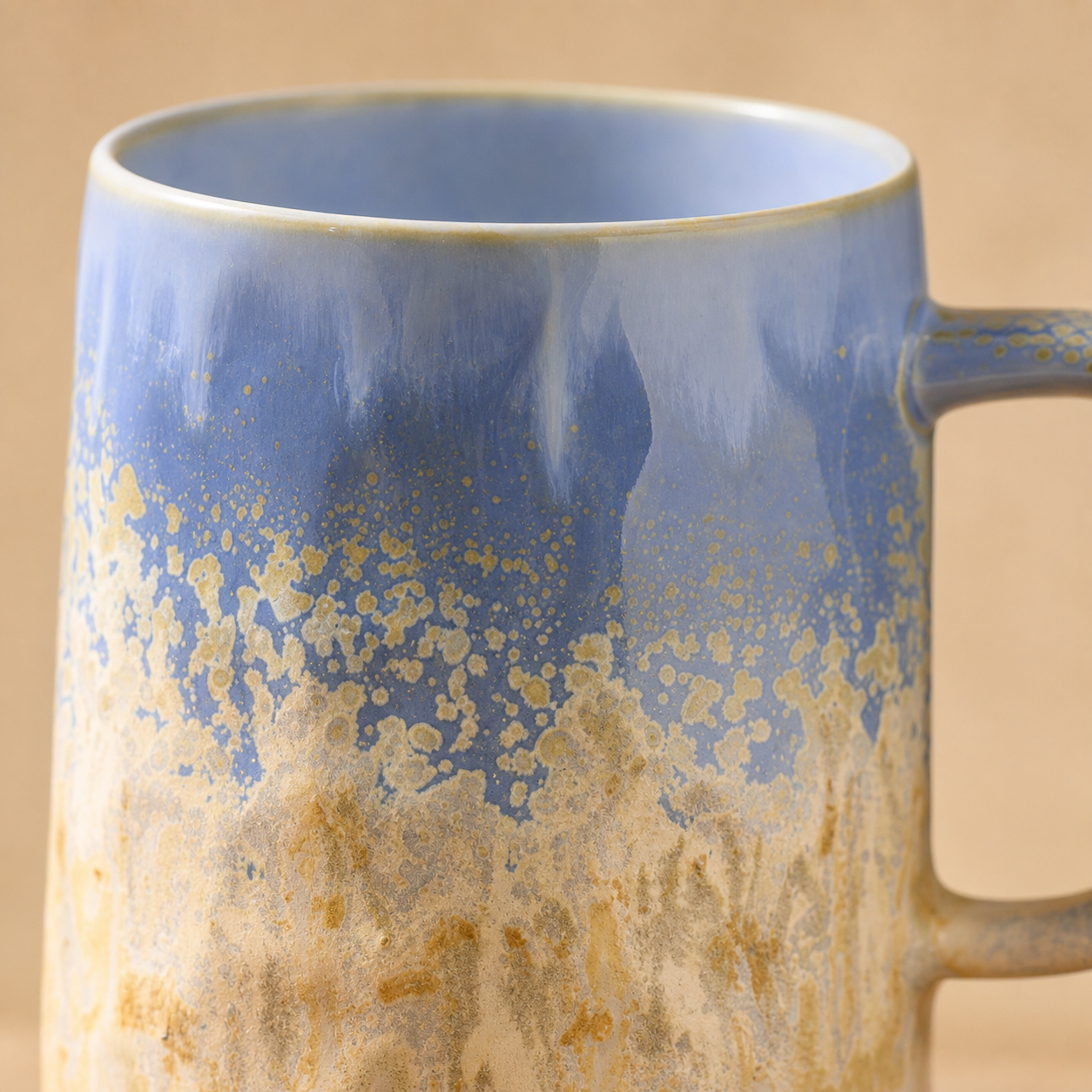 Cloud Peak Blue reactive glaze mug, glaze texture close-up