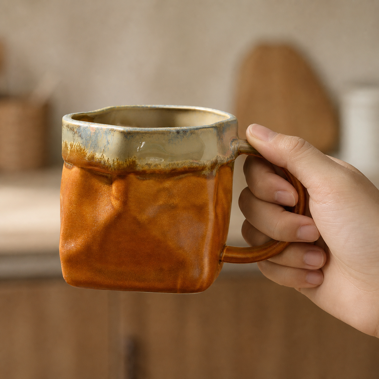 Ember Glow faceted reactive glaze mug, held in hand for scale