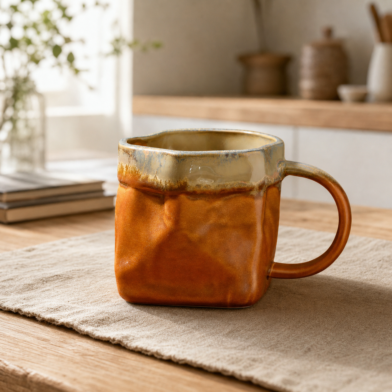 Ember Glow faceted reactive glaze mug, lifestyle scene