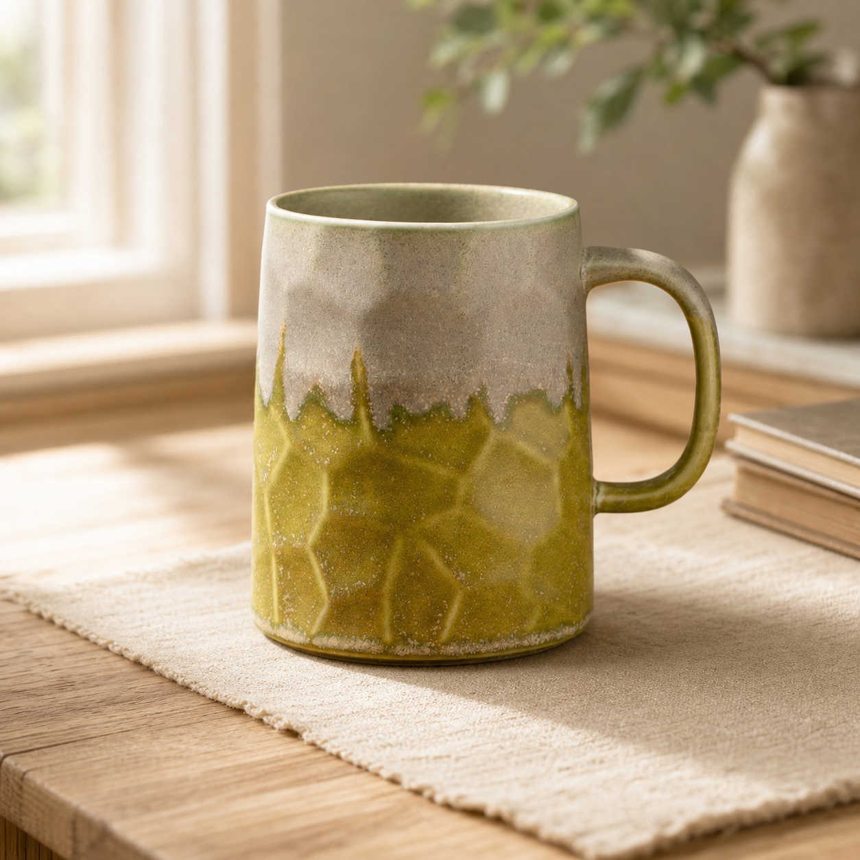 Moss Trace reactive glaze mug, lifestyle scene