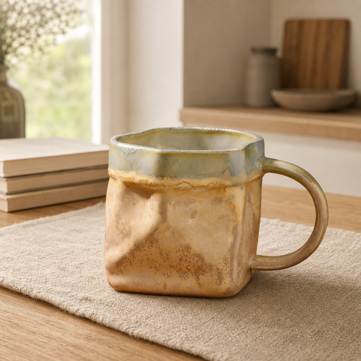 Smoke Veil faceted reactive glaze mug, lifestyle scene