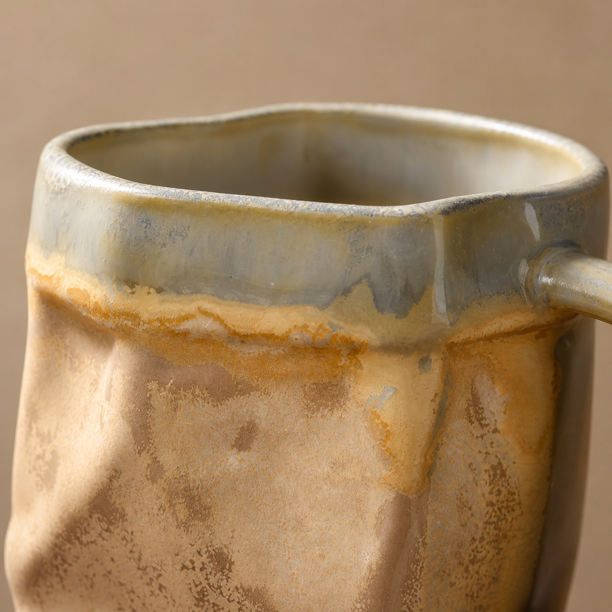 Smoke Veil faceted reactive glaze mug, glaze texture close-up